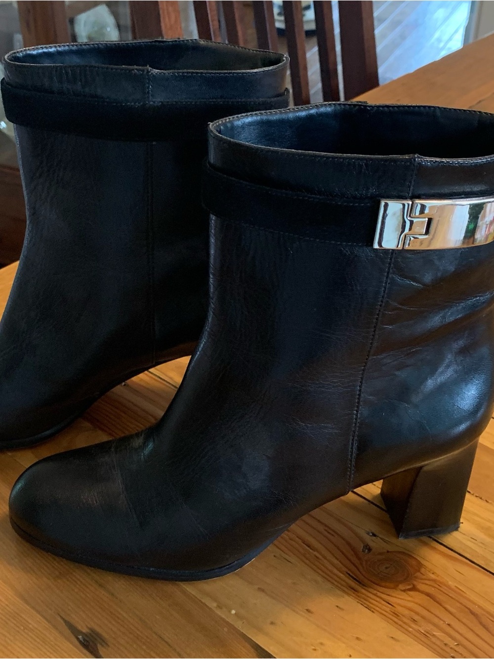 Nine West Black Leather Ankle Booties with Silver Buckle